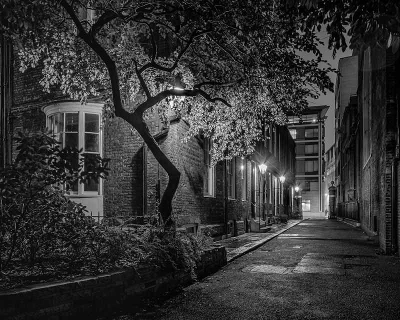 Quiet street in London at night, monochrome image