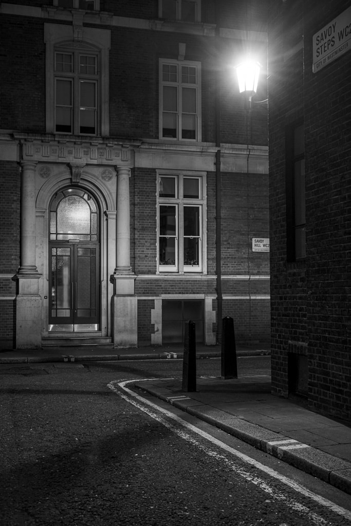 Beautiful door, Savoy Hill, London, monochrome photo