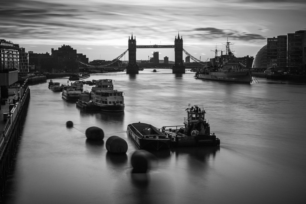 View towards Tower Bridge, River Thames, London, monochrome