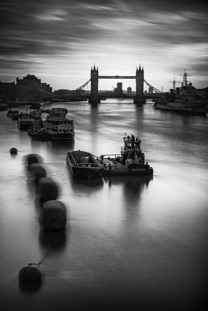 Portrait view towards Tower Bridge, London, monochrome