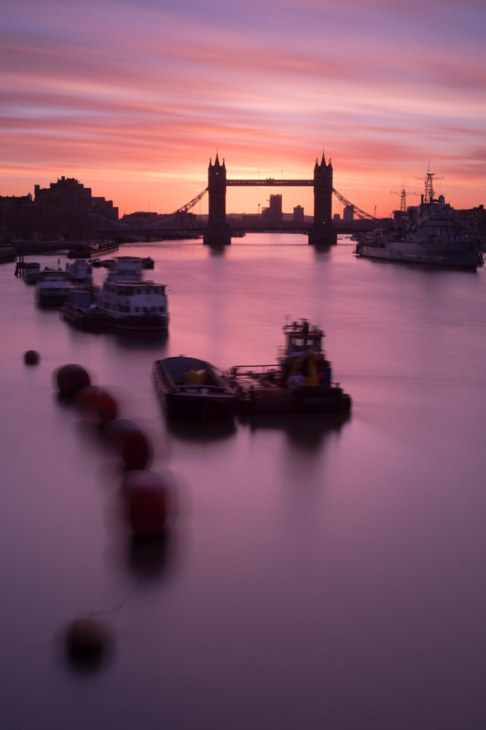 View towards Tower Bridge at sunrise, London
