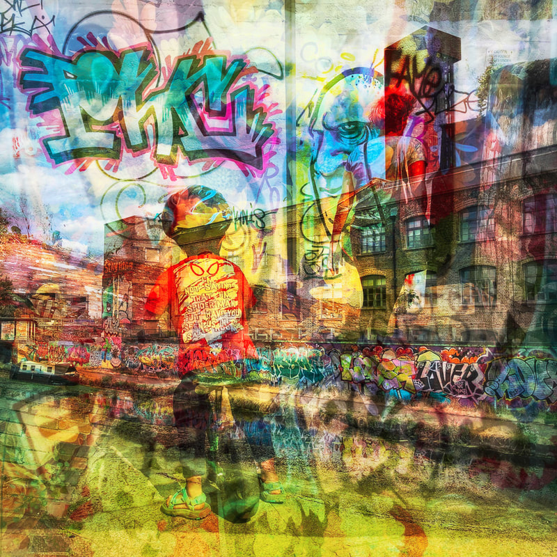 London graffiti, abstract, iPhone multiple exposure