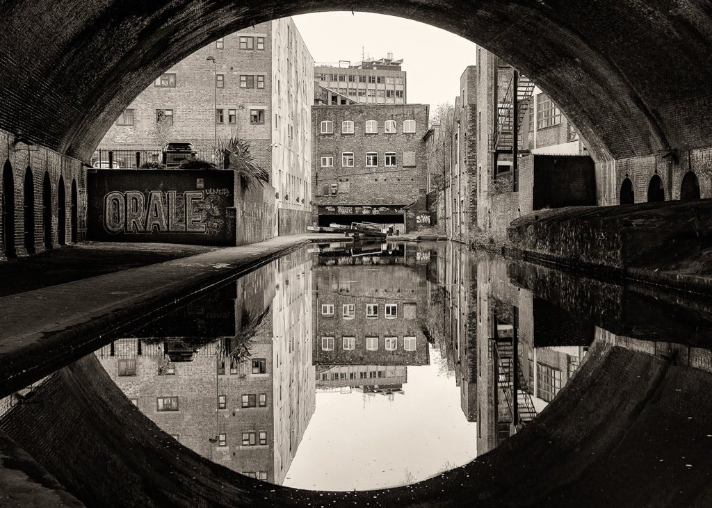 Canal view, Birmingham, abandoned buildings, monochrome