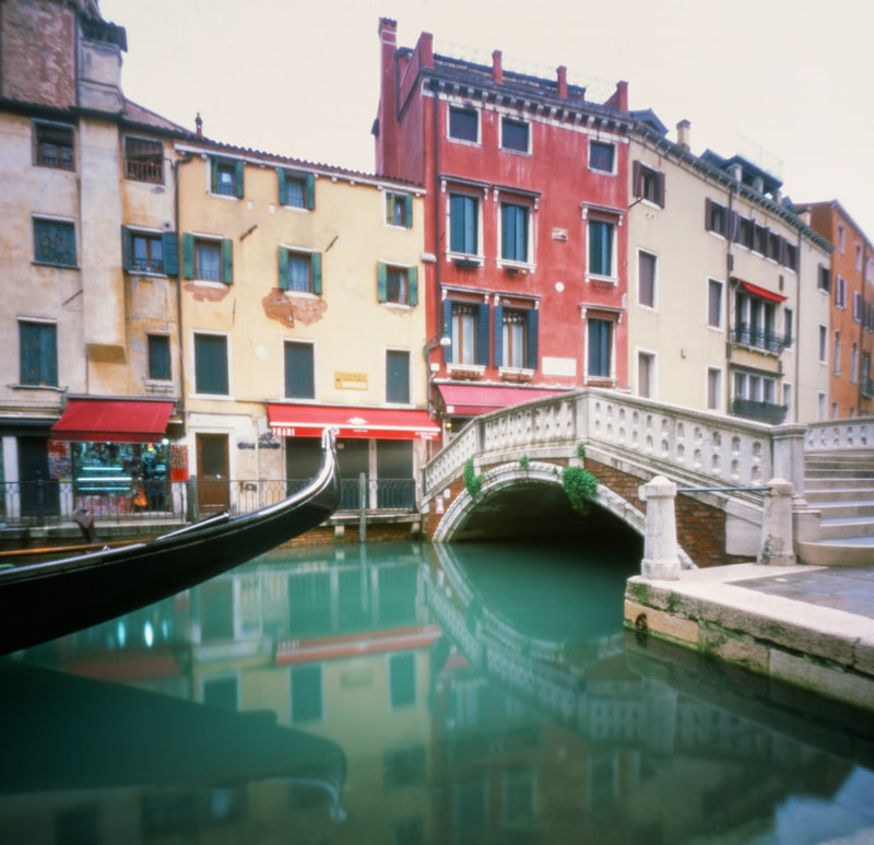 Venice, Italy, canal, gondola, bridge, colour pinhole photograph, Fuji Provia