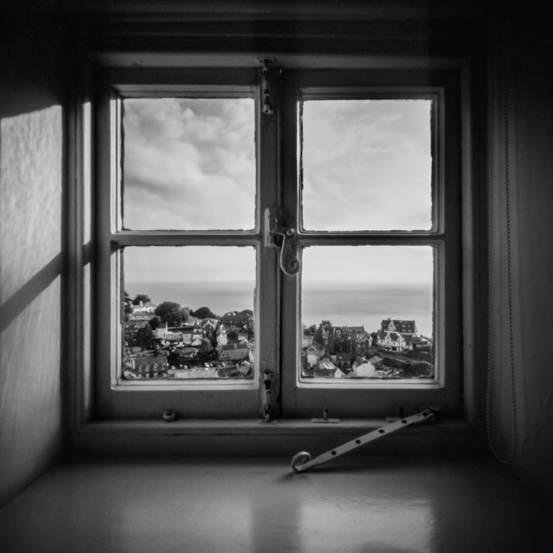 View from a window, Lynton, Devon, monochrome pinhole photograph, Natasha 6 x 9