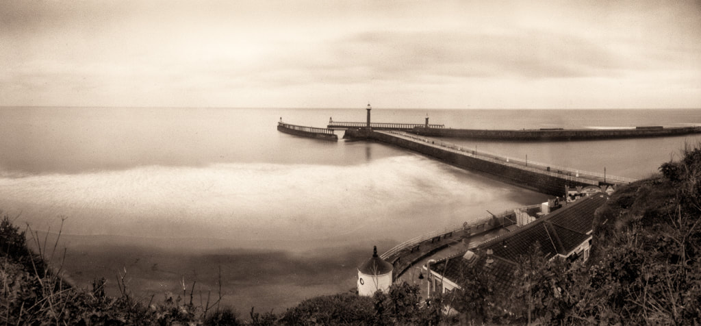Whitby, Yorkshire Coast, harbour view, sepia pinhole photograph