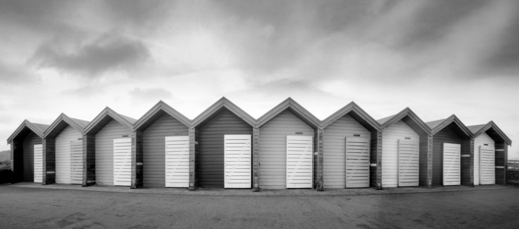 Beach Huts, Blyth, Northumberland, monochrome pinhole photograph, RSS 6 x 12
