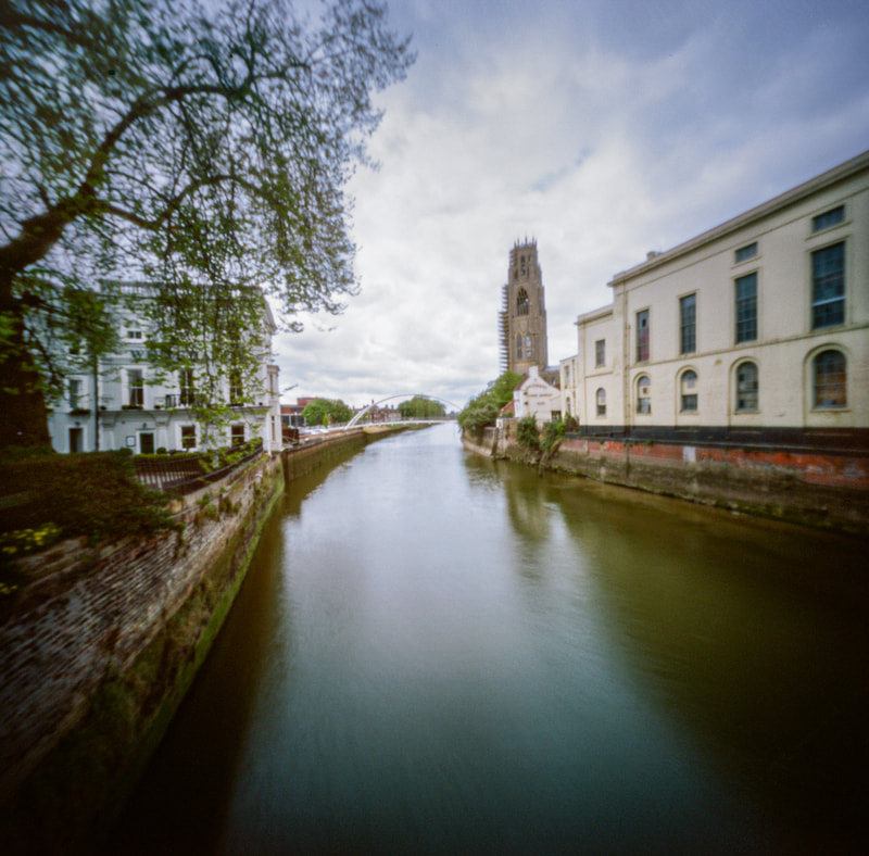 Boston, Lincolnshire, England, canal view, colour pinhole photograph, Zero 6 x 6